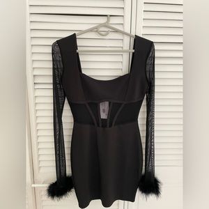 OHM Boutique mini black dress Kai Fur Trim Size Small. Never worn. Tag on dress